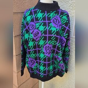 Adele Knitwear Vintage Black, Purple & Green Floral Grid Turtleneck Sweater